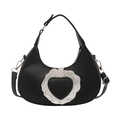 Black leather hobo dumpling bag with white lace heart design and adjustable strap - Black