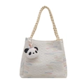Bolso tote blanco con bordado de ondas coloridas y un lindo colgante de oso panda - Con Colgante / Blanco