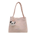 Bolso tote rosa con diseño acolchado, bordado colorido y colgante de panda de peluche - Con Colgante / Rosa