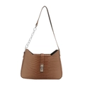 Brown crocodile embossed faux leather shoulder bag with silver chain detail for women - Khaki