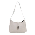 Chic beige shoulder bag with asymmetrical faux crocodile skin texture and silver buckle - White