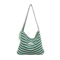 Bolso tote de lona a rayas verdes y blancas con detalle de lazo de encaje y asa - Verde