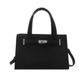 Structured black litchi grain leather tote bag with silver metal lock and top handles - Black