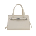 Beige litchi leather tote bag with silver buckle and top handle for women - White