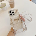 Quilted cream leather iPhone case with bow pearl charm and crossbody strap - iPhone 7/8/SE 2020 / Off-white