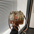 Vintage-Beuteltasche mit Blumen-Jacquard und braunem Lederboden mit Kordelzug - Braun