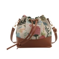 Floral jacquard bucket bag with brown faux leather trim and adjustable shoulder strap - Brown