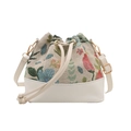 Ethnic style drawstring bucket bag with floral embroidery and white leather base - White