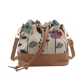 Ethnic embroidery drawstring bucket bag with brown leather base and adjustable strap - Khaki