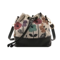 Ethnic embroidered bucket bag in beige jacquard with floral patterns and black leather base - Black