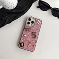 Close-up of glitter iPhone case with 3D pearls, metal bows and rhinestone embellishments - iPhone 7/8/SE 2020 / Pink (Number 5 Bowknot)