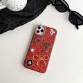 Detail of red glitter iPhone case with rhinestone bow, pearls and metal charms - iPhone 7/8/SE 2020 / Red (Number 5 Bowknot)