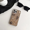 Close-up of golden glitter phone case featuring 3D bow, pearl, and rhinestone charms - iPhone 7/8/SE 2020 / Gold (Number 5 Bowknot)
