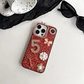Red glitter iPhone case detailed with rhinestone butterfly flower and number five charms - Red / iPhone 7/8/SE 2020