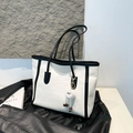 Borsa tote retrò in tela a contrasto di colore con grande capacità e doppia tracolla. - Nero Con Pendente