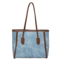 Vintage style denim tote bag with brown contrast leather trim and long shoulder straps. - No Pendant / Blue