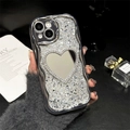 Close-up of luxury silver plated iPhone case with heart mirror and sparkling glitter finish - Heart Mirror Silver (iPhone 7/8/SE 2020)