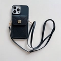 Detail of black quilted leather phone case with golden camellia flower and strap - Black / iPhone 7/8/SE 2020