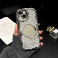Detail of silver wavy phone case featuring a sparkling rhinestone back and small makeup mirror - Square Mirror Silver (iPhone 7/8/SE 2020)