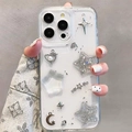 Detail von Glitzer-Sternen, Mond und Perlenherz-Anhängern auf einer klaren iPhone-Hülle - Präzisionsloch-Tropfkleber - Silberfolie - Sweet Cool Stern / iPhone 7/8/SE 2020