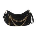 Black crescent shoulder bag in crocodile texture with gold chain and metal studs - Black