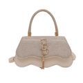 Sac à main rétro avec texture tissée champagne et logo S doré orné de pompons élégants - Blanc Cassé