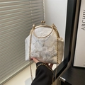 Sac à main élégant en dentelle blanche avec broderie papillon dorée et poignée anneau - Blanc