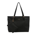 Large black faux leather tote bag with gold lettering and matching small zip pouch - Black