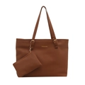 Brown leather tote bag with FASHION lettering and small pouch on white background - Brown
