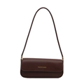 Minimalist dark brown leather baguette shoulder bag with gold lettering and slim strap - Brown