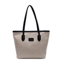 Bolso tote minimalista de lona beige con ribete de cuero negro y correas de hombro - Negro