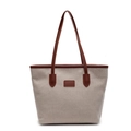 Bolso tote grande de lona tejida beige con asas de cuero sintético marrón oscuro - Marrón