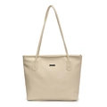Minimalist beige tote bag with pebbled leather texture and silver logo for work - White
