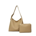 Minimalist khaki PU leather tote bag set including large shoulder bag and matching pouch - Khaki