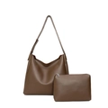 Dark brown leather tote bag and zipper pouch set with adjustable wide shoulder strap - Brown