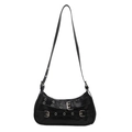 Borsa a spalla nera stile moto Y2K con occhielli metallici e cinturini a fibbia - Nero