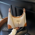 Sac fourre-tout style français en toile et cuir avec pendentif cerf et détails dorés - Blanc et Marron