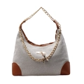 Borsa hobo classica in tela e pelle marrone con ciondolo a cervo e catena dorata - Cachi con Marrone