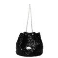 Borsa a secchiello alla moda con paillettes nere e catena argento per donna - Nero