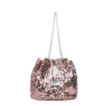 Elegante borsa a secchiello rosa con paillettes per donna con catena argento e coulisse - Rosa