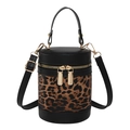 Fashionable leopard print bucket bag with black PU leather trim and gold hardware - Black Leopard Print