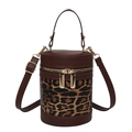 Leopard print cylinder bucket bag with brown leather trim and dual gold zippers - Leopard Print Coffee