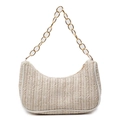 Schicke Halbmond-Stroh-Schultertasche mit goldener Kette für sommerliche Strandmode - Gebrochenes Weiß