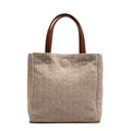Handwoven straw tote bag with contrast brown leather handles and herringbone weave pattern - Brown