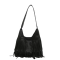 Fashionable black Hobo bag with long tassels and long shoulder strap in bohemian style - Black