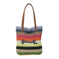 Borsa tote in tessuto a righe arcobaleno con ricamo Summer e spalline in pelle marrone - A Righe Brillanti Blu Rosa Arancione (Stile 4)