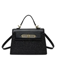 Retro black leather and silver sequin handbag with gold trapezoid lock in front view - Black