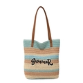 Grande borsa shopper a righe in paglia con ricamo Summer e manici in pelle marrone - A Righe Blu Bianco Marrone (Stile 1)