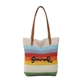Borsa mare in maglia arcobaleno con ricamo Summer e manici in pelle marrone - A Righe Multicolore Arcobaleno (Stile 2)