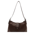 Borsa tote vintage in pelle marrone scuro con fibbia in metallo argento e rivetti - Marrone